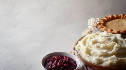 Minimalistic Thanksgiving banner with mashed potatoes, cranberry sauce, and pie