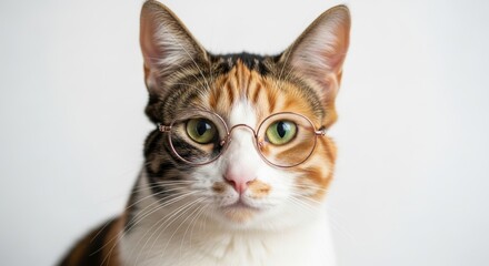 cat wearing glasses, spectacles eyewear, on a solid white background