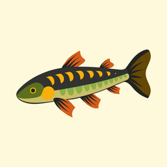 Stylized illustration of a colorful fish with unique markings and fins