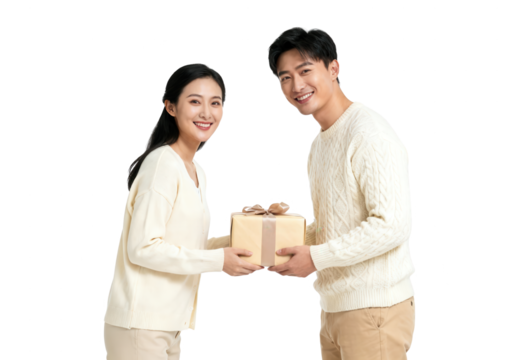 Asian Couple Exchanging Christmas Gift on White Background