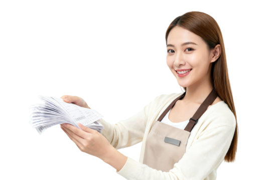 Smiling Asian Woman Holding Pile of Bills or Receipts on White