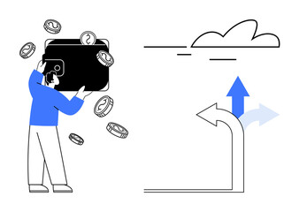 Person managing large wallet and scattered coins. Right side shows clouds, vertical blue arrow, path choice. Ideal for finance, savings, investments, decision-making, growth budgeting simple flat