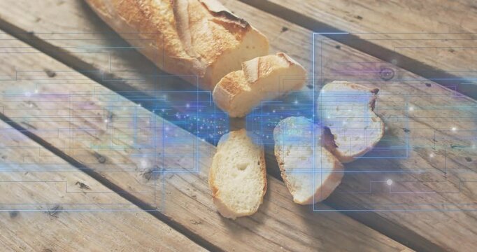 Blue interface materializing over sliced baguette starting scanning and visualizing crust and crumb