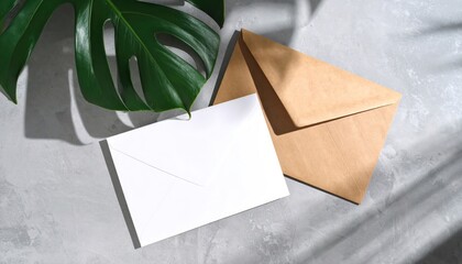 Envelopes with monstera leaf on grey concrete background.
