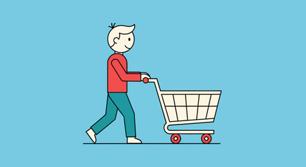 Illustration of a happy man pushing a shopping cart in a blue background
