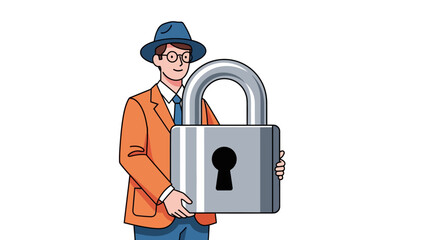 Illustration of a man in a hat securing private information with a giant padlock. A concept for cybersecurity, data safety, and digital confidentiality