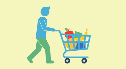 Illustration of a person pushing a shopping cart full of groceries, representing healthy eating and shopping habits