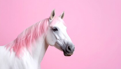 Fototapeta premium White horse with pink mane and tail against a pink backdrop