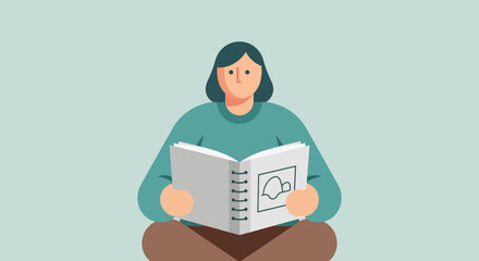 Illustration of a person sitting and reading an open book with a drawing on the page