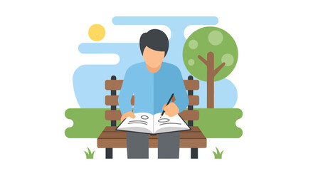Man sitting on a park bench, writing in a notebook with a pen, enjoying a sunny day outdoors with trees in the background