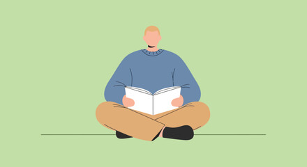A person sitting cross-legged, engrossed in reading an open book, symbolizing knowledge and leisure in a simple, clean design