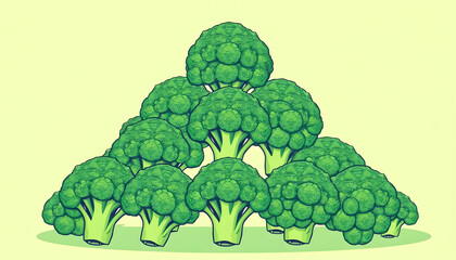 illustration of broccoli heads forming a pyramid, representing growth, ambition, and the abundance of healthy eating on a pastel green background.. Generative AI