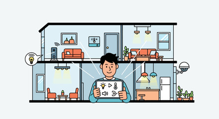 Smart Home Control Man Managing Home Automation System with Tablet