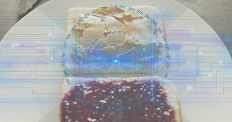 scanner overlay fading in on peanut butter slice, then sliding jam slice highlighting textures - Powered by Adobe