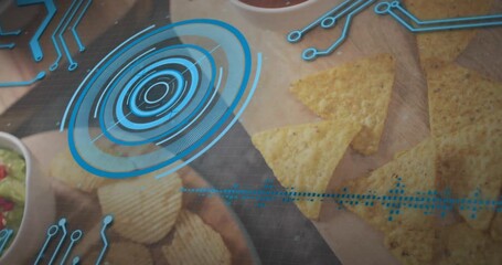 Blue HUD overlay fading in above red salsa bowl, analyzing chips then switching to guacamole bowl - Powered by Adobe