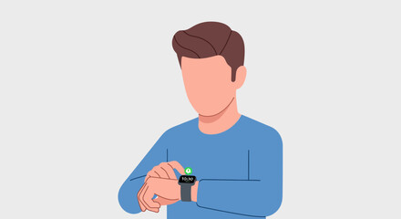 Man checking time on his smartwatch, digital display glowing with notification icon