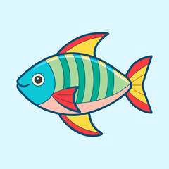 Cartoon illustration of a colorful striped fish with various fins and a light blue background