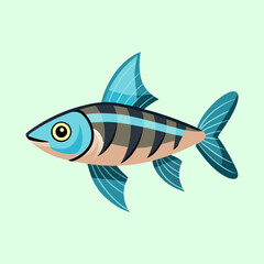 Cartoon striped fish with blue fins on a light green background