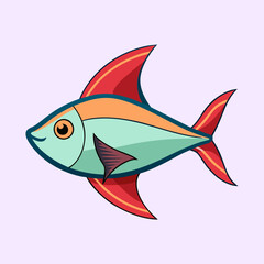 Cartoon Fish Illustration with Red Fins and Orange Accents on Light Purple