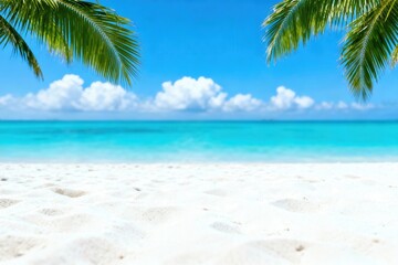 Beautiful tropical beach with white sand, turquoise sea, blue sky, and palm leaves framing the view.