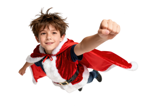 Boy Superhero Flying Wearing Santa Cape Isolated on White