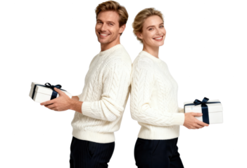 Happy Couple Holding Christmas Presents Isolated on White