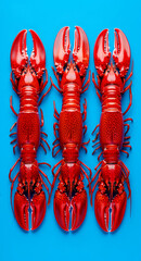  red lobsters arranged in a row on a blue background