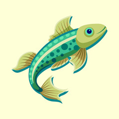 Stylized fish illustration with green, teal, and cream colors against a pale background