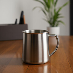 high quality photo of a stainless‑steel coffee mug on a wooden desk