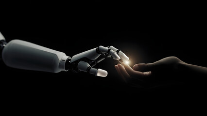 Minimalist glowing robot and human hand almost touching, symbolizing AI power, ethics and control.