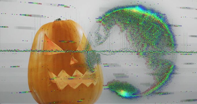 Noise bars persisting, glitch sphere forming next to carved pumpkin then dissolving restoring scene