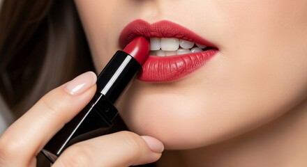 Woman applying red lipstick to her lips