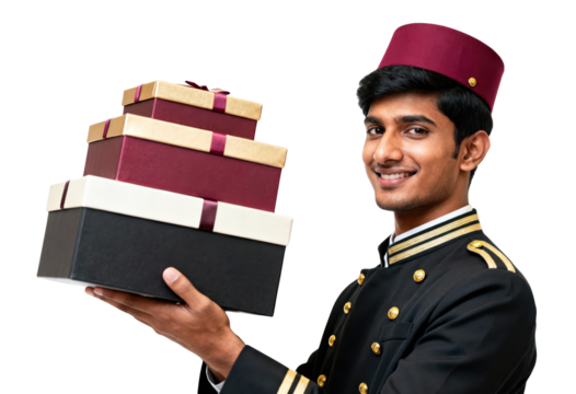 Smiling doorman carrying stacked gift boxes in uniform with maroon hat, isolated on white, celebration, service industry professional, hospitality job