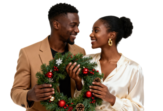 Elegant African American Couple Holding Christmas Wreath on White Background