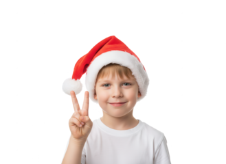 Happy Boy in Santa Hat Making Peace Sign on White Background