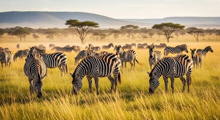 Obraz premium Zebras graze in tall golden grass under acacia trees at sunrise