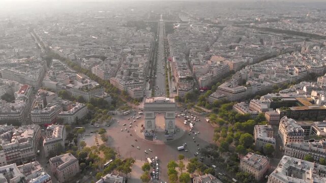 Aerial view of the arc de triomphe and cityscape of paris, france