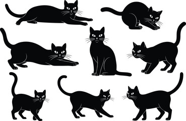 Black cat silhouette collection, spooky feline poses, Halloween animal clipart, vector pet icons, walking, sitting, stretching, crouching, arched back, isolated set