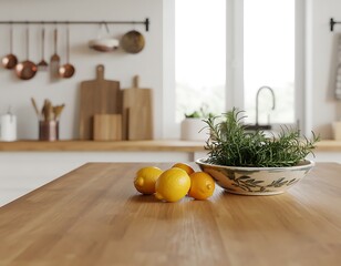 Bright kitchen countertop with lemons and herbs in a decorative bowl