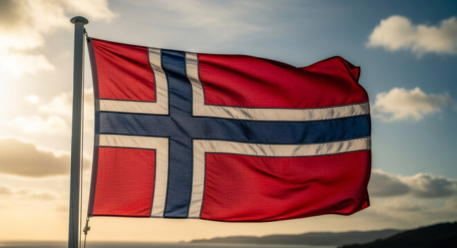 Flag of Norway waving proudly in the wind. National pride and patriotism concept. International relations and cultural identity.