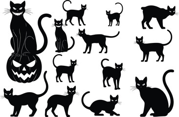 Black cat silhouette vector set, Halloween spooky animal clipart, scary feline poses, pumpkin illustration, witch pet, eerie cartoon elements