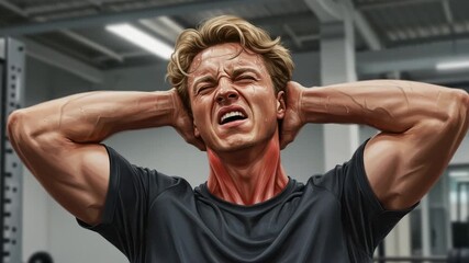 Young man exercising intensely in gym setting