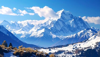 Snowy mountain range under a clear blue sky; valley in foreground