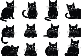 Black cat silhouette vector set, spooky feline poses, Halloween animal clipart, eerie pet icons, isolated black cats, whiskers, tail, eyes