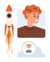 Smiling youth with curly hair alongside a launching rocket and a trophy atop a cloud. Ideal for achievement, ambition, inspiration, success, motivation, progress, goals. Simple flat metaphor