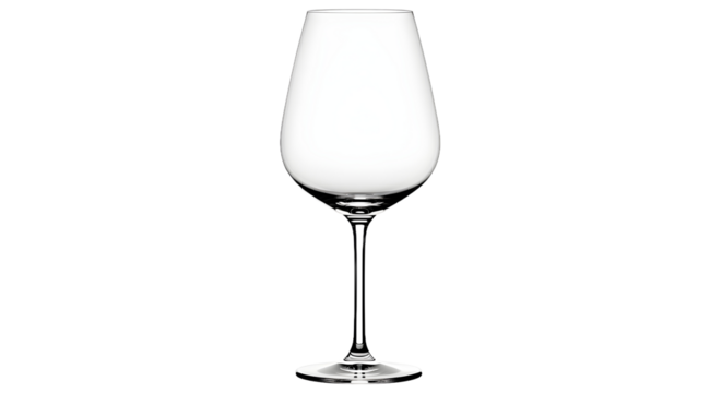 An elegant and empty transparent wine glass, a plain and simple object isolated on a clean white background with no shadow or distracting elements