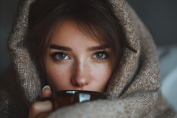 Sick woman drink a tee suffering from cold or flu. Seasonal illness, allergies and healthcare. Sneezing into tissue paper. Runny nose. Patient. Seasonal influenza. Covid. 