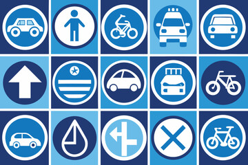 Grid Of Blue And White Traffic And Transportation Signs