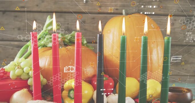 Candles lighting hexagonal overlay drifting across tabletop, warm glow accentuating harvest display