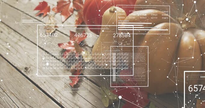 Following stillness, pumpkins and leaves on tabletop receiving fading overlays showing autumn data
